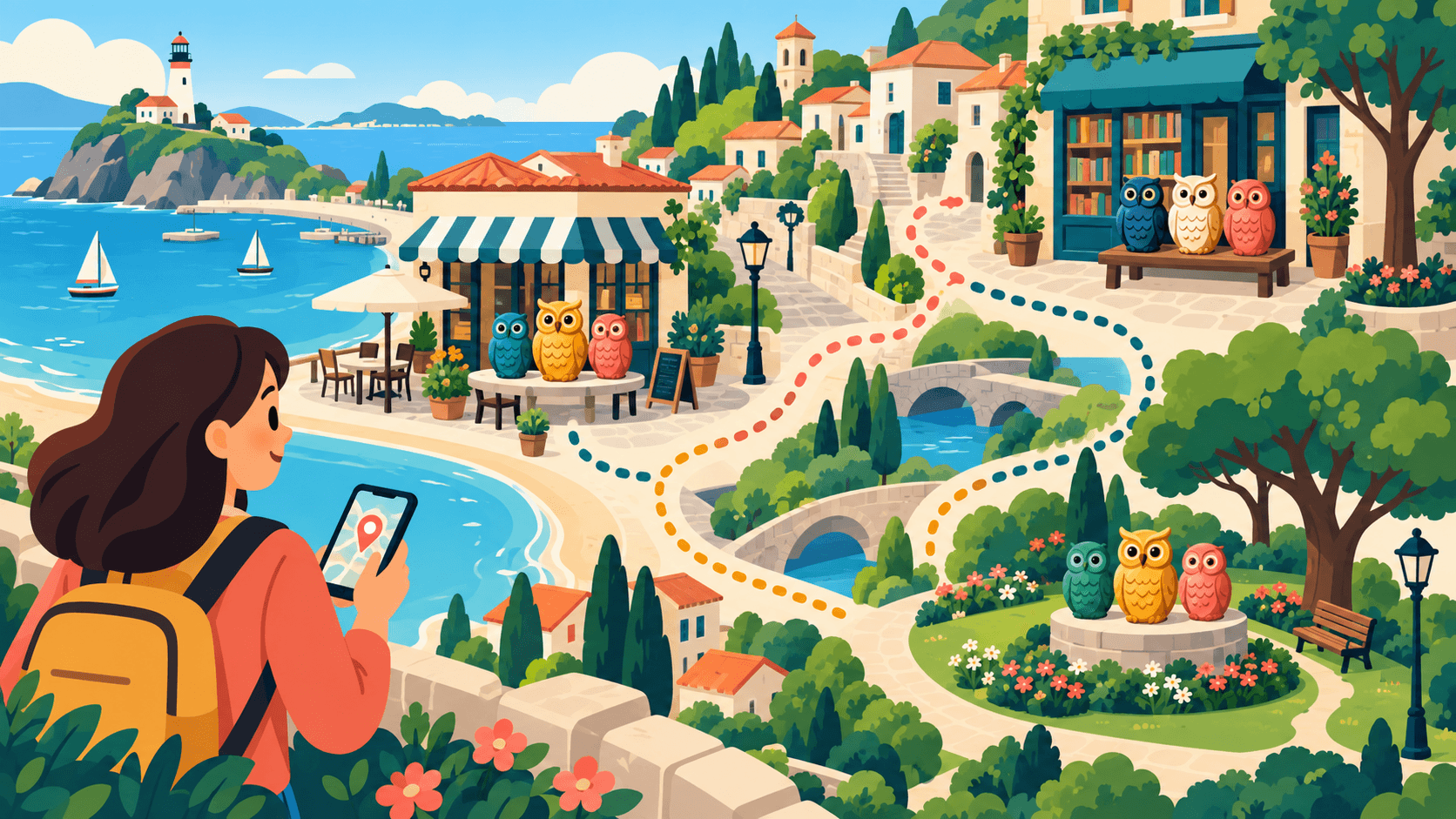 Vector-style illustration of independent owl idol stops around a coastal town, connected by optional paths.