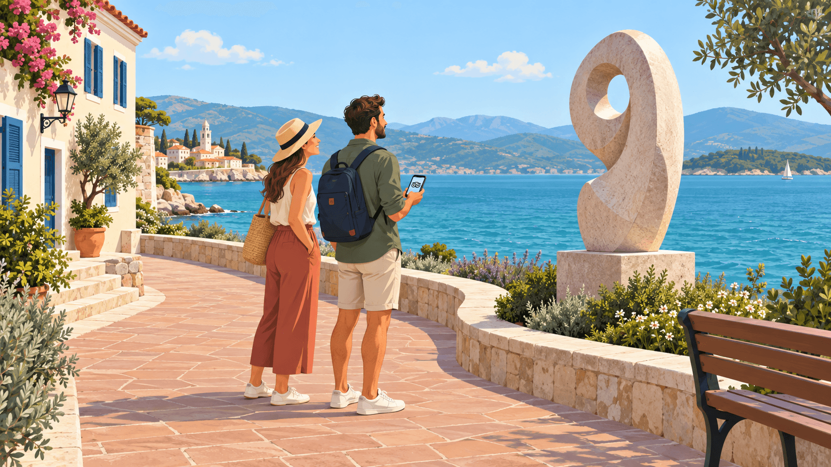 Vector-style illustration of two visitors exploring a waterfront path between a historic building and a public sculpture.