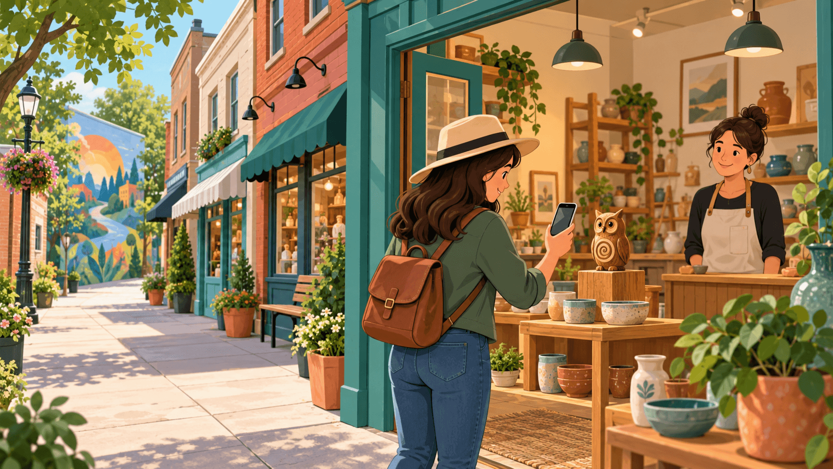 Vector-style illustration of a visitor discovering a wooden owl idol in a pottery shop on a colorful downtown street.