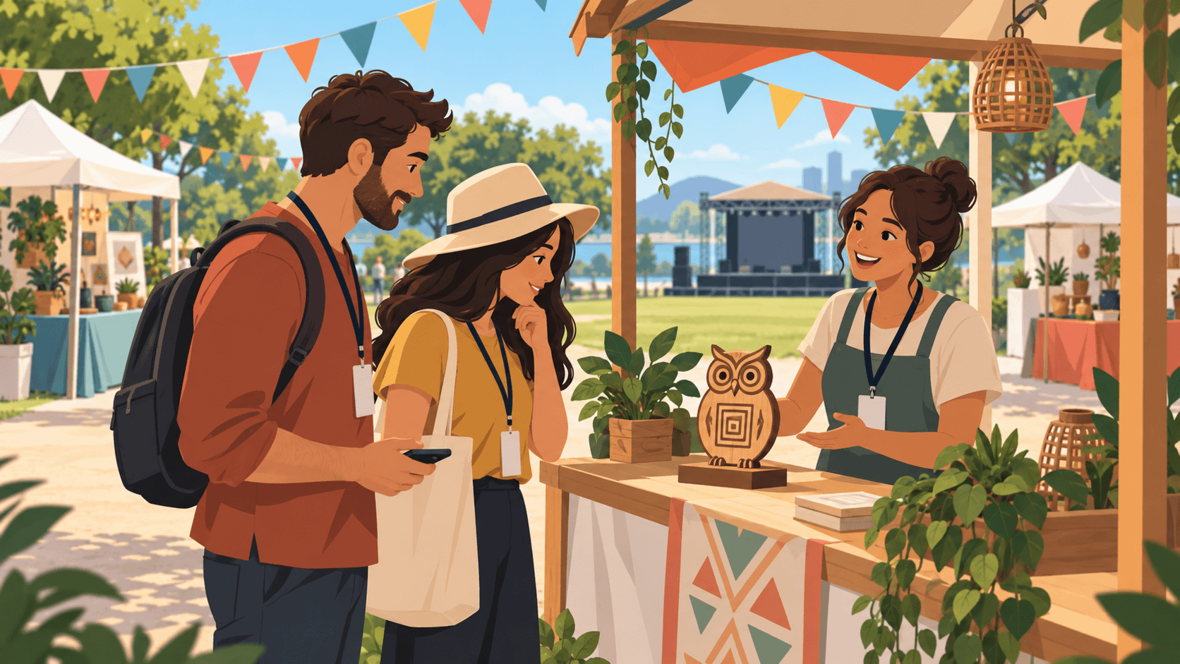Vector-style illustration of two festival attendees discovering a wooden owl idol at an exhibitor booth, with other booths and a stage beyond.