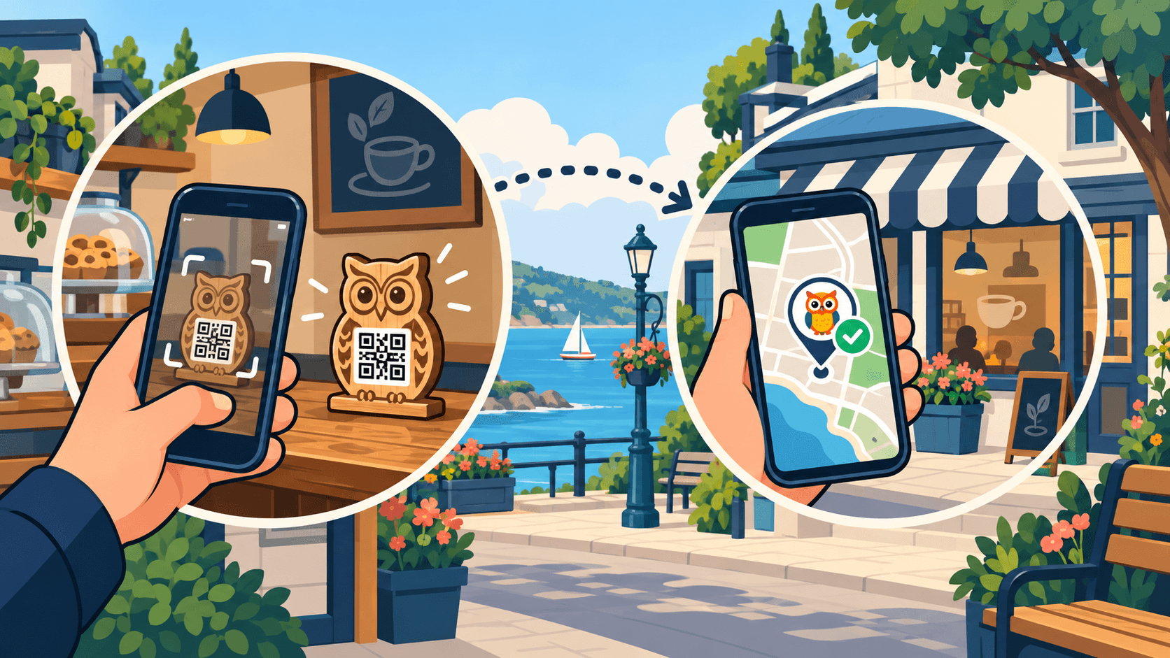 Illustration of a phone scanning a wooden owl idol’s QR code and another phone checking in at a digital owl idol’s map location.
