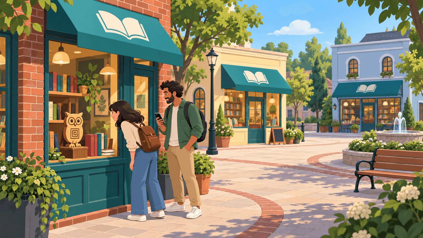Vector-style illustration of two people discovering a wooden owl idol at a bookshop, with two more bookshop locations across a pedestrian plaza.