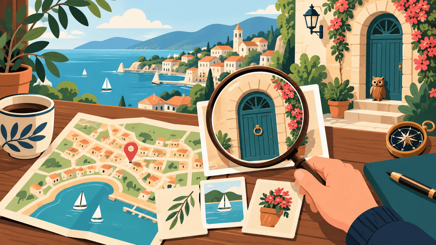 Vector-style illustration of a magnifying glass, picture clues, and a map leading to an owl idol at an arched doorway.
