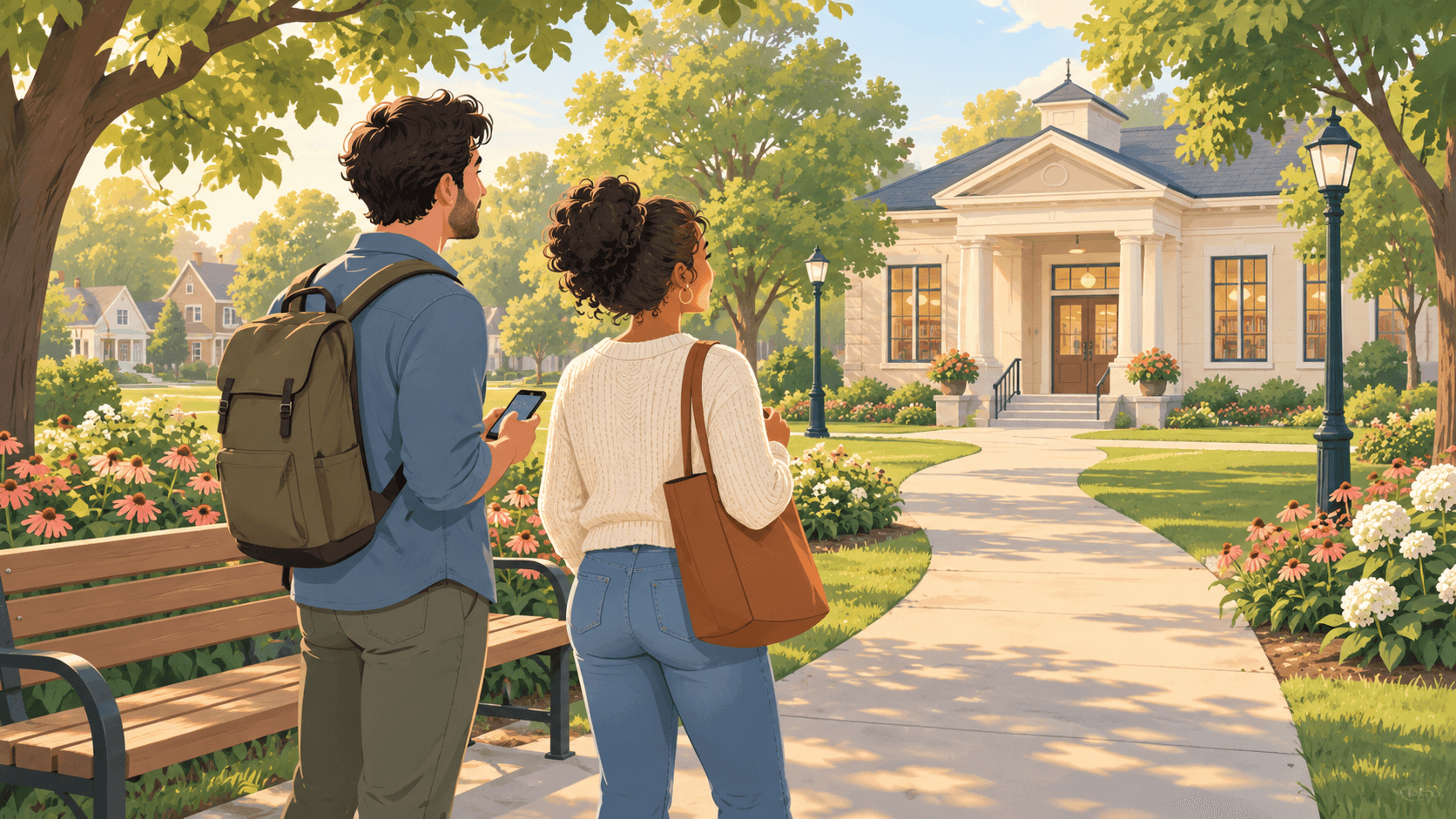 Vector-style illustration of two adults discovering a neighborhood park and nearby library on a walk with a phone.