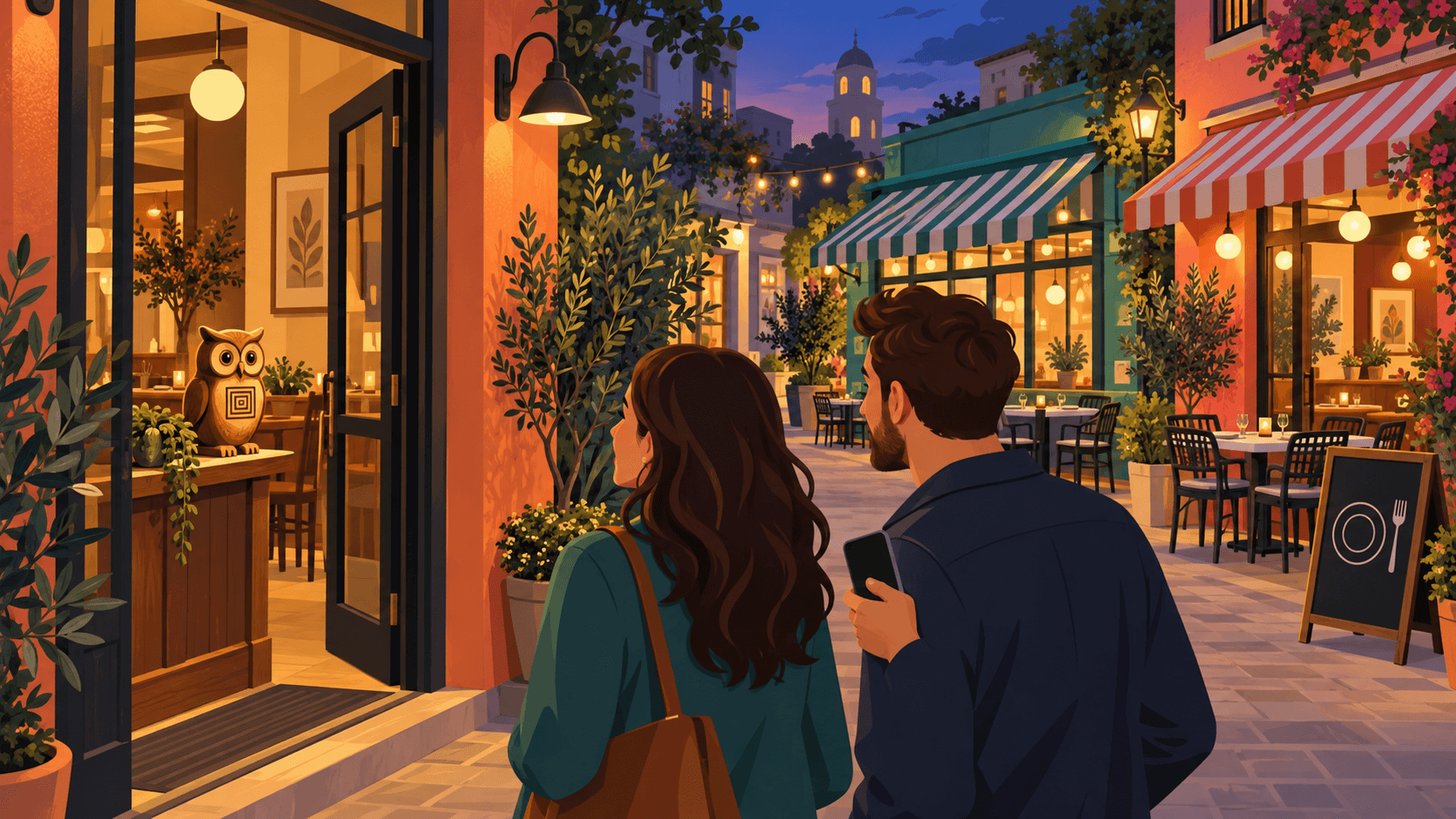 Vector-style illustration of two friends exploring a restaurant lane at dusk and noticing a wooden owl idol inside a welcoming doorway.