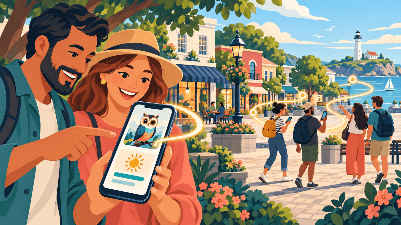 Vector-style illustration of friends exploring a coastal neighborhood beside a phone showing an owl game and a fictional sponsor recognition panel.