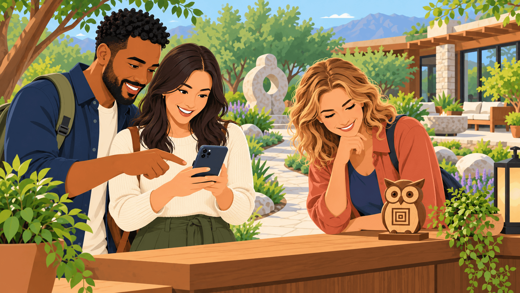 Vector-style illustration of three coworkers exploring a retreat courtyard with a phone and a wooden owl idol on a welcome counter.