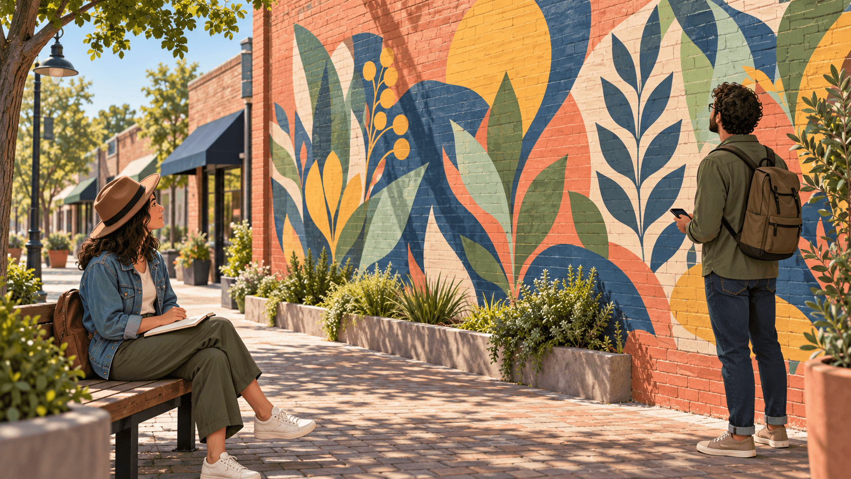 Illustration of a local writer reviewing a notebook beside a colorful mural while a visitor explores the street with a phone.