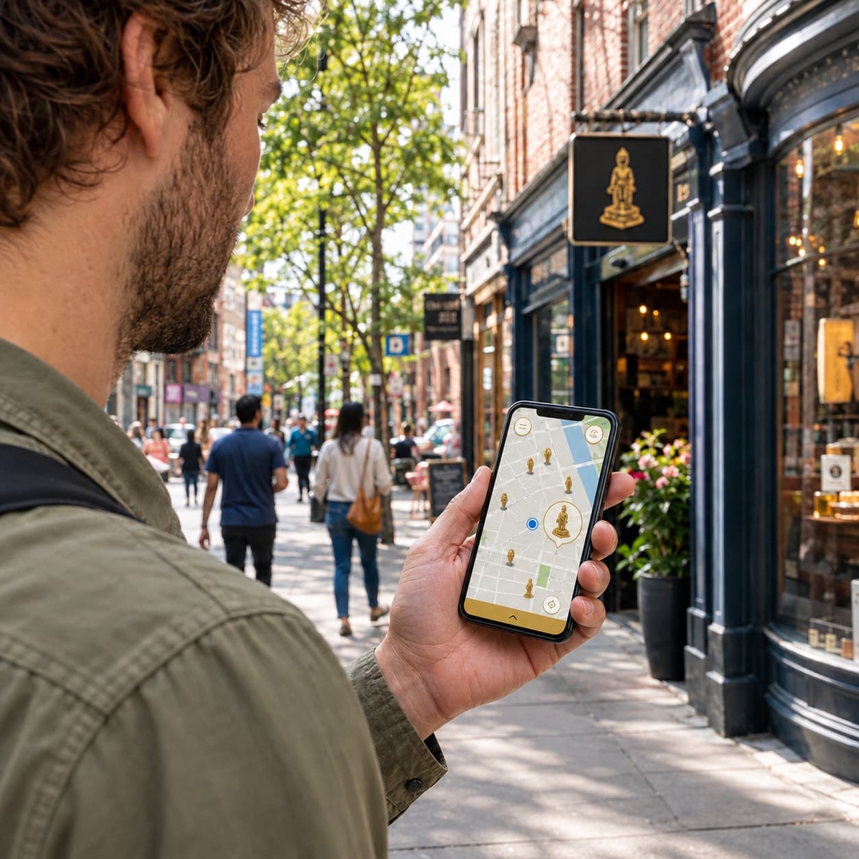 A player using the Find the Idol map to explore local businesses