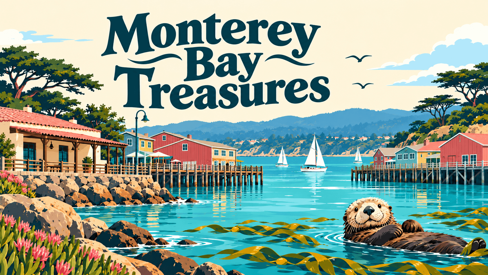 Monterey Bay Treasures cover art with colorful waterfront buildings, sailboats, and a sea otter